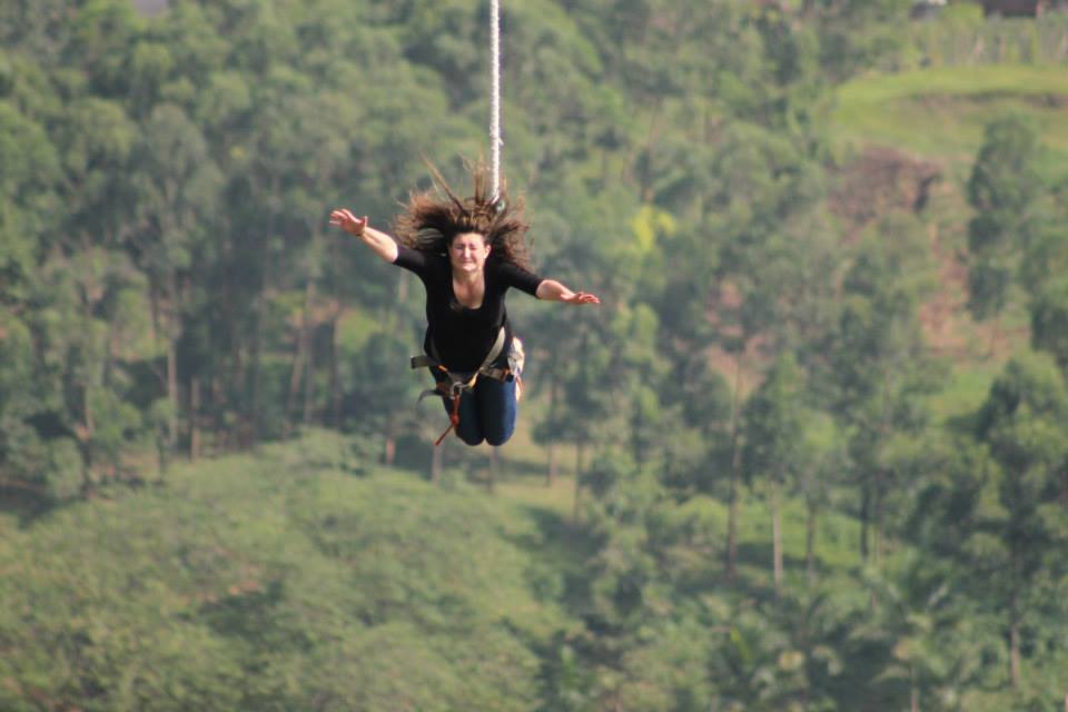 Chloe bungee jumping over the Nile River in Uganda