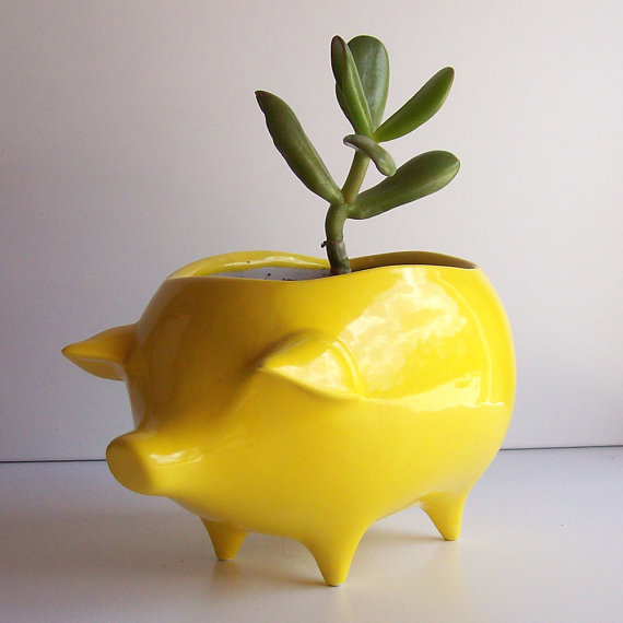 Retro yellow pig planter. Grab yours at Fruit Fly Pie Ceramics.