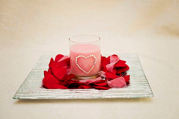 Crystal Heart Strawberry Champagne Scented Candle and Silver Glass Platter Gift Set by Sparklefly Candle Company.