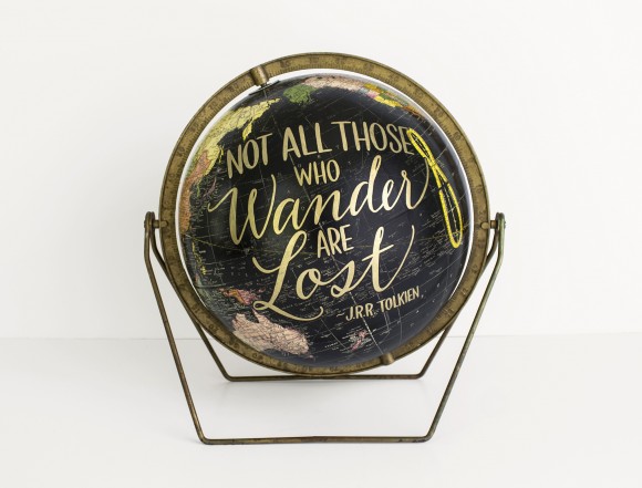 Wild and Free Designs' Not All Those Who Wander are Lost hand lettered globe