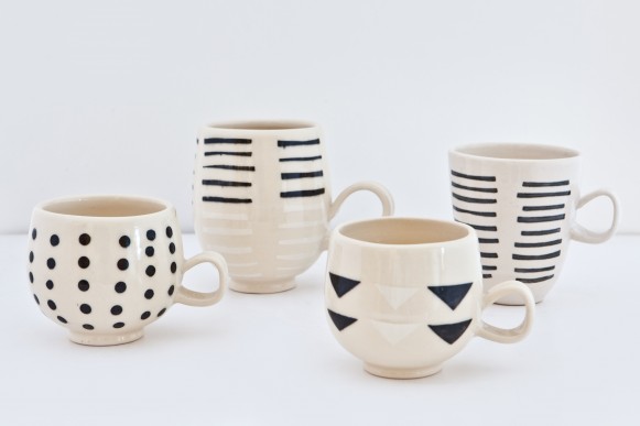 A collection of Mel Rice Ceramica mugs