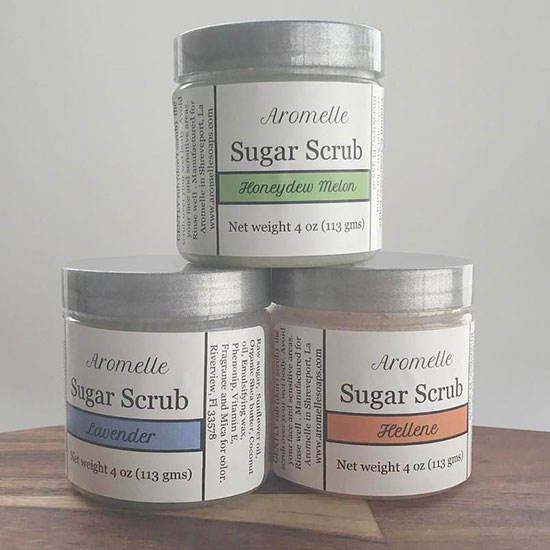 Aromelle sugar scrub presentation, prior to Brick House Branding